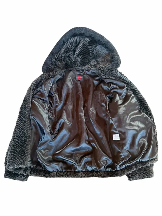 Late 90s/Early Y2K Gallery Plush Brown & Black Trim Faux Fur Hooded Lined Full Z - Picture 7 of 9